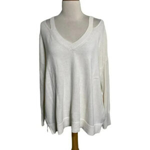 LOFT Pullover Sweater Large Ivory‎ V-Neck Cold Shoulder Cutout Relaxed Knit